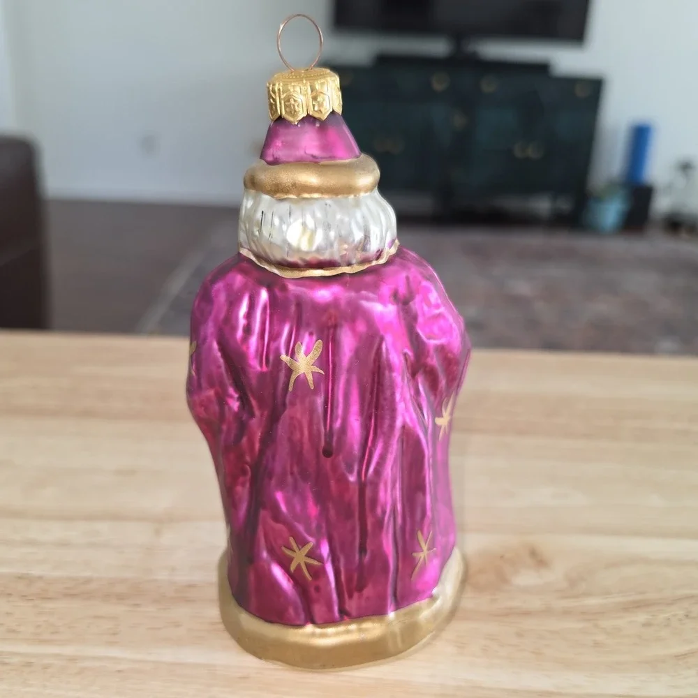 Blown Glass Confucius Santa Ornament: Purple and Gold Wizard Holiday Tree